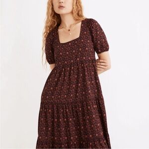 Madewell Floral Square Neck Midi Dress - Black and Red